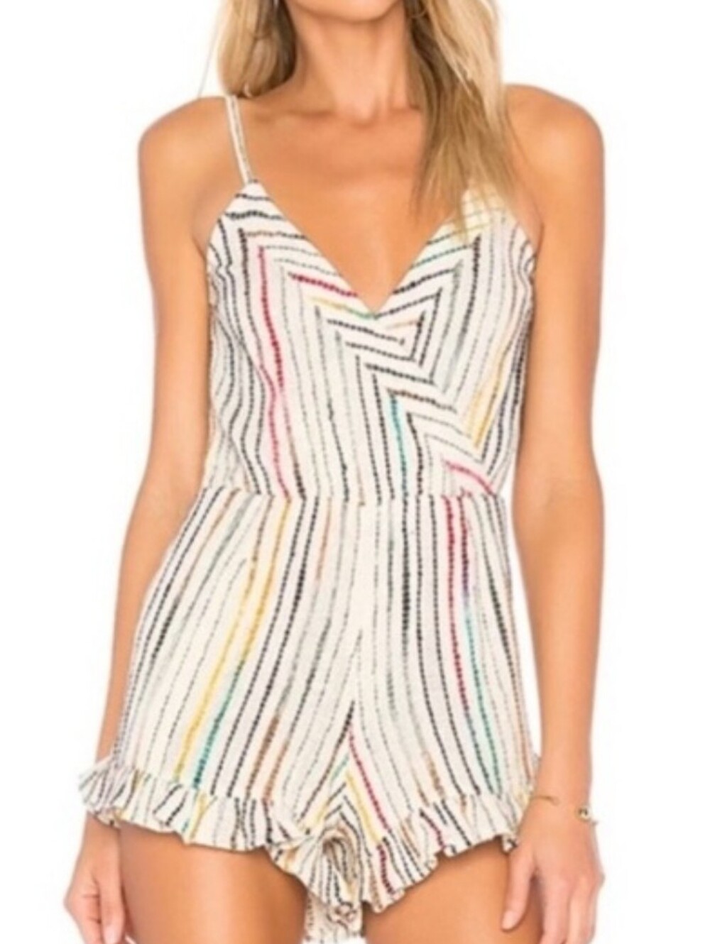 Tularosa Revolve Amelia Romper Tan Woven Rainbow Size XS Boho Festival